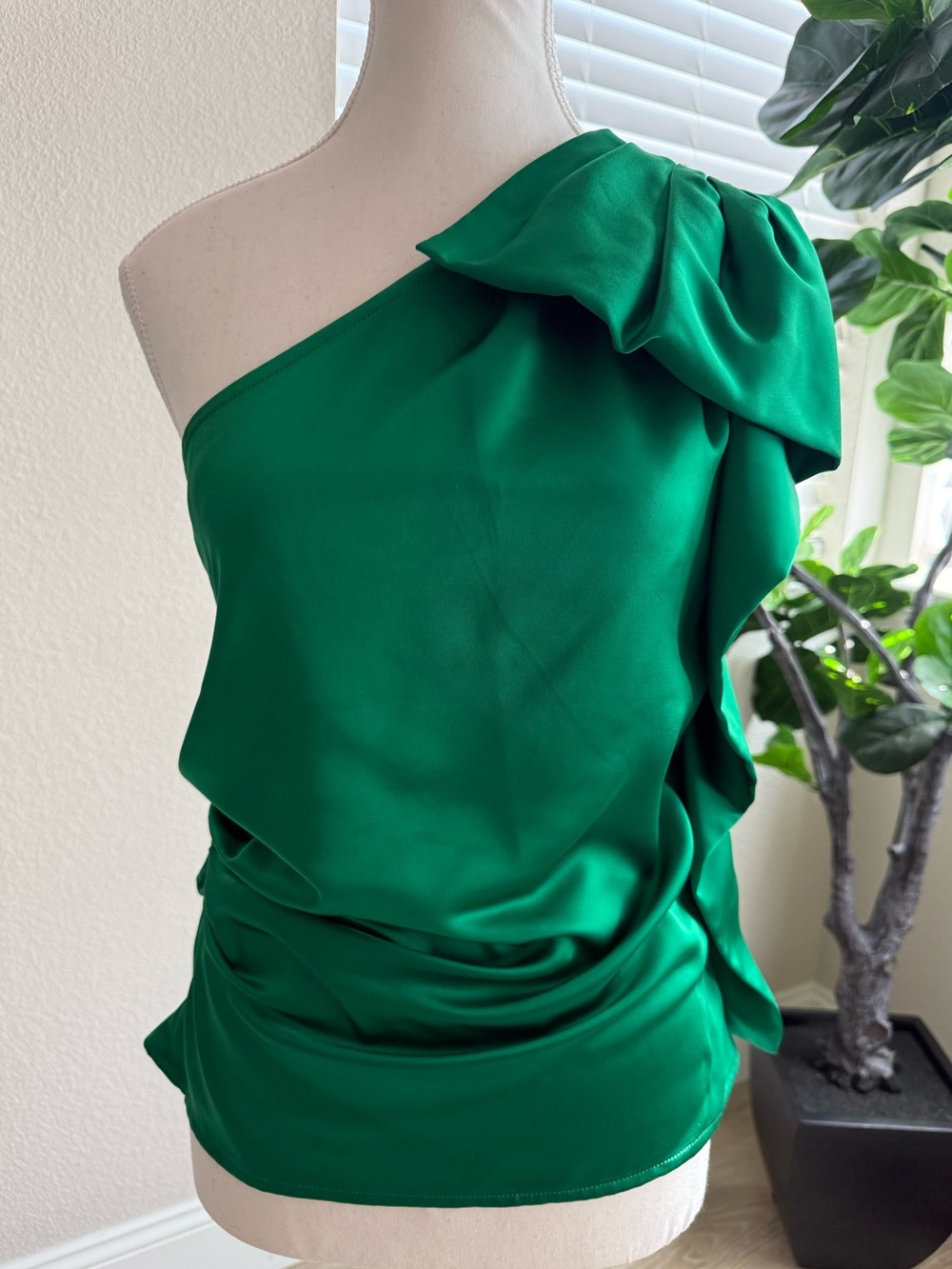 Express One-Shoulder Emerald Green Ruffle Satin Top